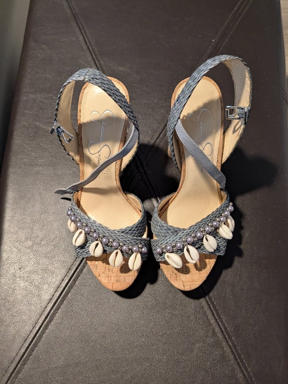 JESSICA SIMPSON Cowrie Shell Cork Wedges Denim Blue Raffia Sandals Size 8.5